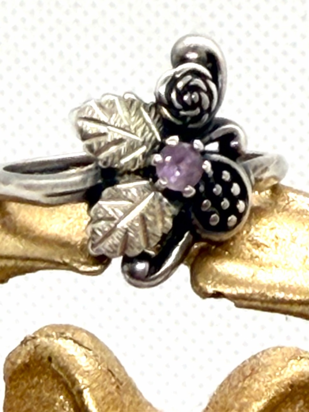 Sterling Silver & Black Hills Gold Plated Floral Leaf Ring with Purple Stone - Picture 5 of 6